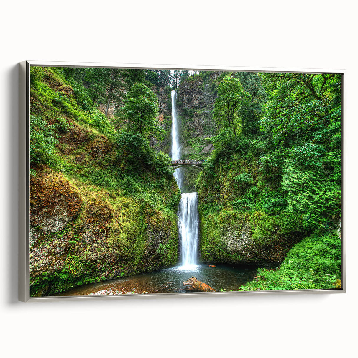 Framed canvas of Multnomah Falls in Oregon showcasing a realistic landscape in muted green and gray tones.