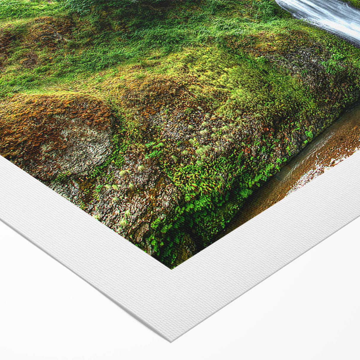 Art deco poster of Multnomah Falls in Oregon, featuring soft green and blue tones on a rolled canvas.