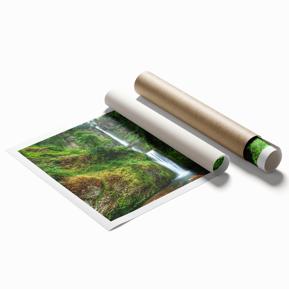 Extra large rolled print of Multnomah Falls in Oregon, showing vibrant greenery and waterfall.