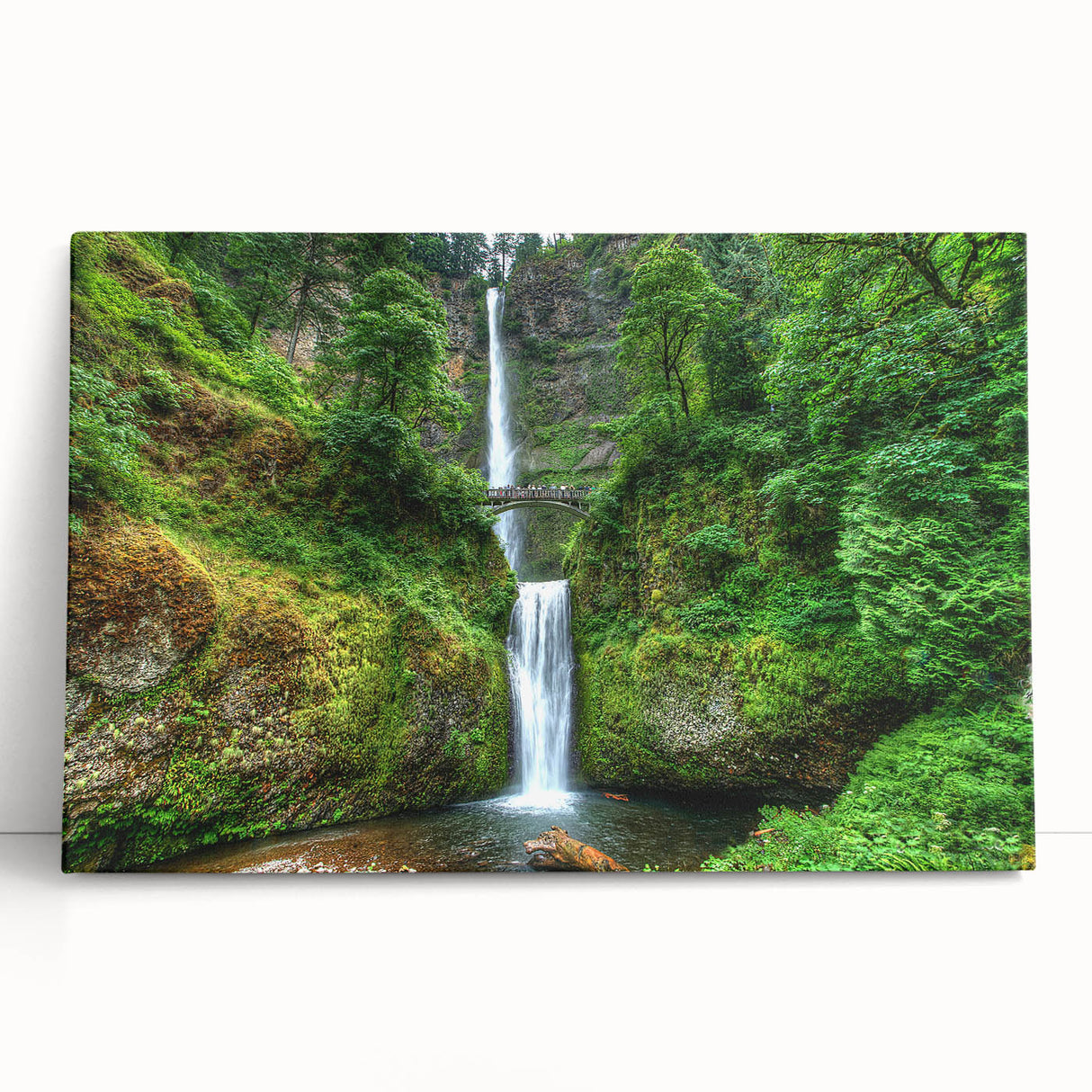Black and white image of Multnomah Falls in Oregon on a large stretched canvas.