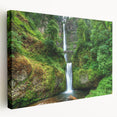 Multnomah Falls depicted in realistic style on large stretched canvas, with lush green and waterfall blues.