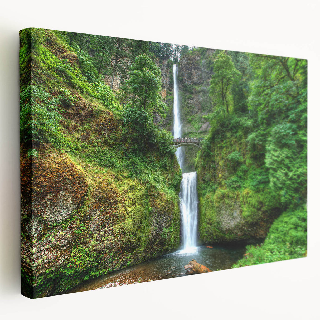 Multnomah Falls depicted in realistic style on large stretched canvas, with lush green and waterfall blues.