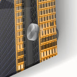 Large abstract depiction of Philadelphia skyline in muted earth tones on acrylic glass, suitable for dining room art.