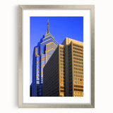 Textured abstract art print of Philadelphia skyline in muted gray and silver tones on a framed canvas.