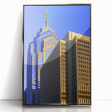 Mid-century modernist art depicting the Philadelphia skyline in muted gray and blue tones on a framed acrylic print.