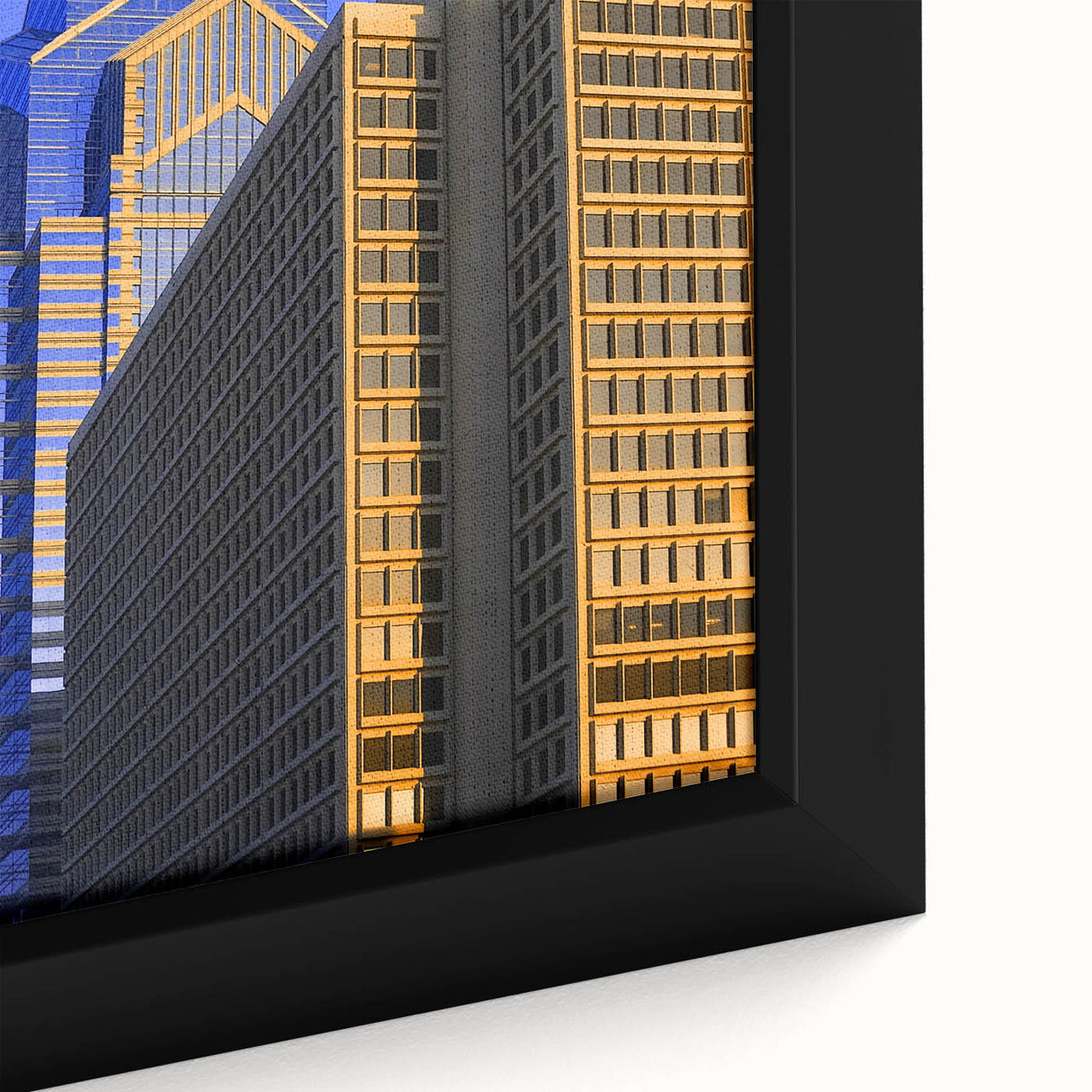 Extra large framed canvas depicting a textured, colorful Philadelphia skyline, ideal for living room decor.