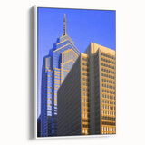 Vintage poster art of Philadelphia skyline in colorful hues on a large framed canvas, suitable for living room decor.