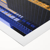 Art deco poster of Philadelphia skyline in muted blue tones on rolled canvas, suitable for dining room wall art.