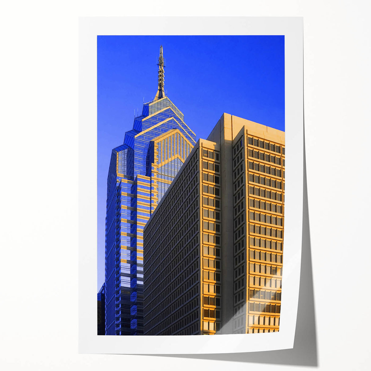 Philadelphia skyline in muted gray tones on a large rolled canvas, ideal for dining room wall art.