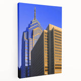Philadelphia skyline in muted gray and blue tones on a large stretched canvas, ideal for kitchen wall art.