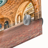 Large abstract depiction of Pittsburgh skyline in muted blue and gray tones on acrylic glass, suitable for dining room art.