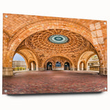 Acrylic print of Pittsburgh skyline with soft blue and gray tones, suited for bedroom or dining room wall art.