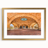 Extra large abstract art print of Pittsburgh skyline in muted gray and gold tones on framed canvas.