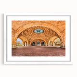 Abstract art print of Pittsburgh skyline in muted gray and blue tones on a framed white mat.