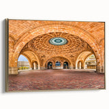 Framed canvas of Pittsburgh landscape with vintage poster art style in black and gold tones, ideal for bedroom wall art.