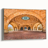 Framed canvas of a Pittsburgh landscape featuring colorful art in a vintage poster style, ideal for an office setting.