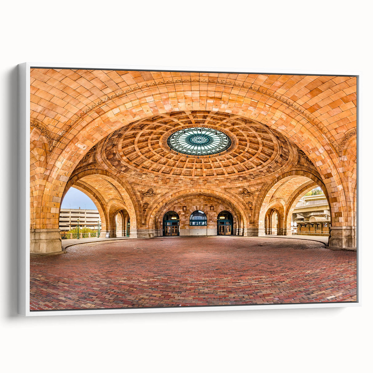 Framed canvas of vintage poster art depicting the Pittsburgh skyline, featuring colorful art with black accents.