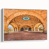 Framed canvas of vintage poster art depicting the Pittsburgh skyline, featuring colorful art with black accents.