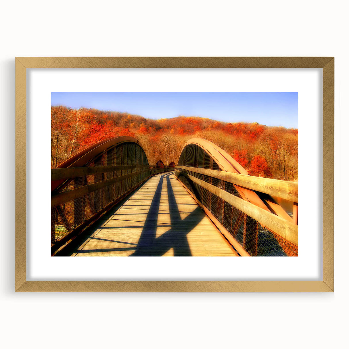 Abstract art print of Pennsylvania scenery in textured style, gold-framed with mat.