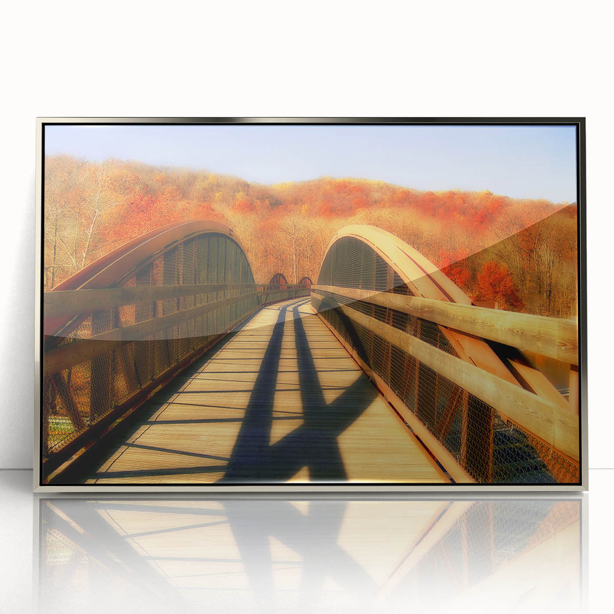 Mid-century modernist art depicting Pennsylvania scenery in muted earth tones, framed acrylic print.