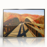 Mid-century modernist art depicting Pennsylvania scenery in muted earth tones, framed acrylic print.