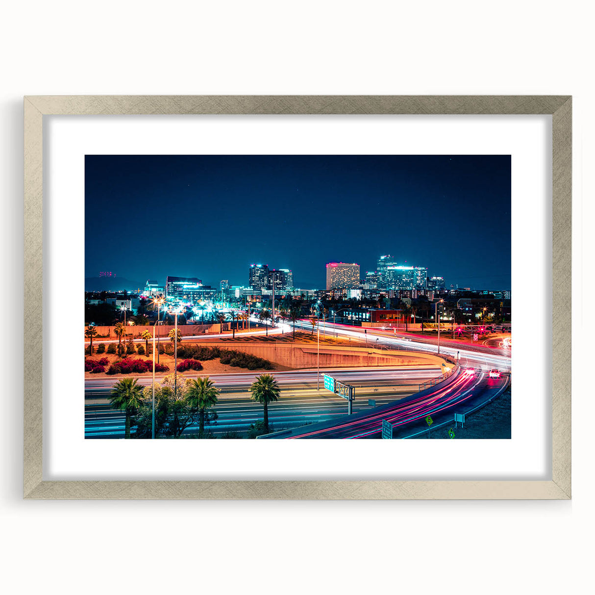 Textured abstract art print of Phoenix valley in muted earth tones on a silver-framed mat, ideal for bedroom art.