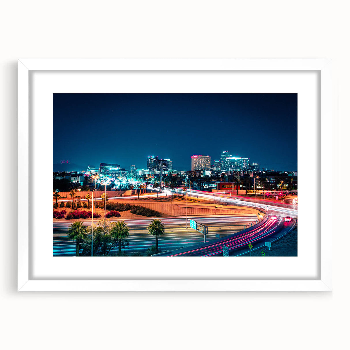 Abstract art print of Phoenix Valley in muted earth tones on a framed white mat, ideal for dining room decor.