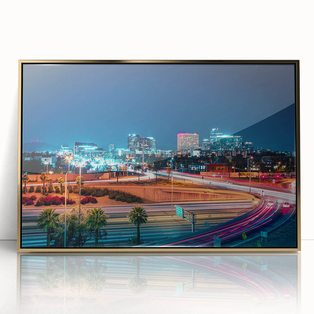 Acrylic print of Phoenix valley with gold frame, featuring mid-century modernist style in earthy tones.