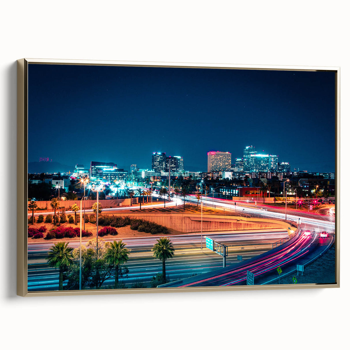 Framed canvas featuring a vintage-style landscape painting of the Phoenix Valley in muted gold and black tones.