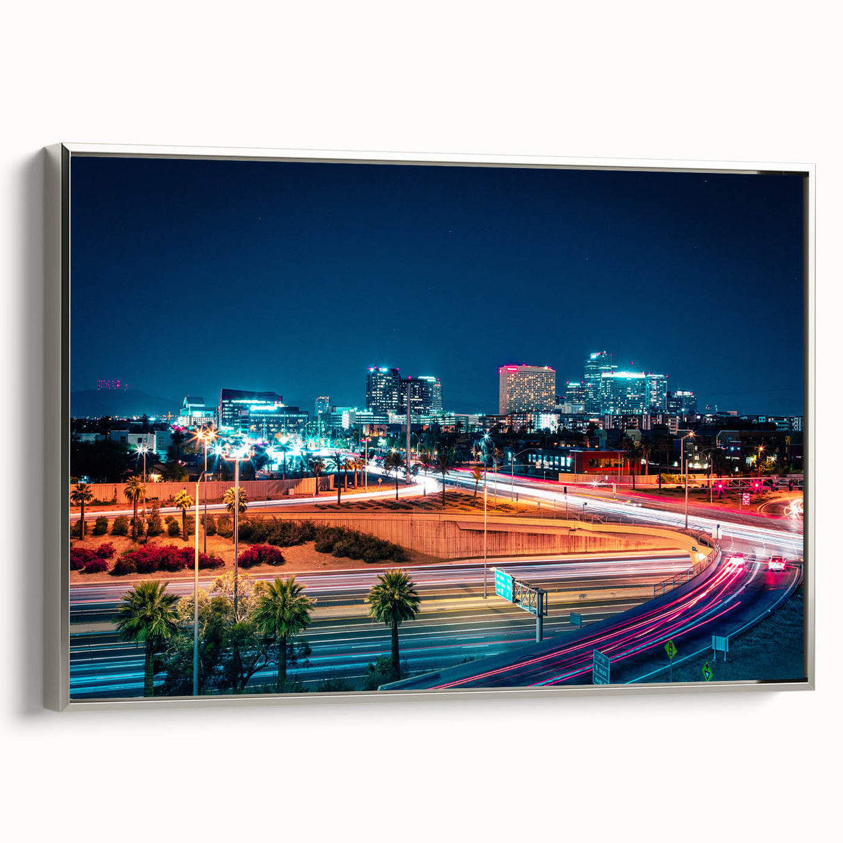 Framed canvas of Phoenix valley landscape in muted earth tones, ideal for office decor.