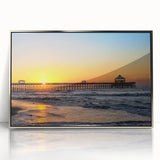 Mid-century modernist art depicting South Carolina scenery in muted earth tones on a silver-framed acrylic print.