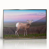 Mid-century modernist art depicting South Dakota Badlands in muted earth tones on a silver-framed acrylic print.