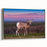 Framed canvas of a Badlands landscape with muted earth tones, ideal for living room or office decor.