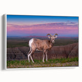 Vintage poster art of South Dakota Badlands on a framed canvas, featuring colorful art with prominent black tones.