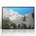 Large abstract wall art depicting Mt. Rushmore in muted gray tones on a framed acrylic, ideal for modern office decor.