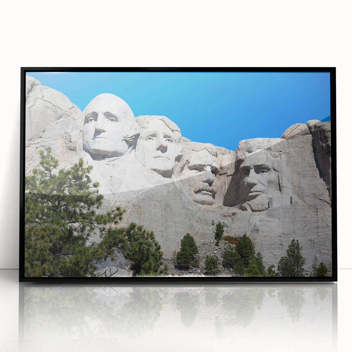 Large abstract wall art depicting Mt. Rushmore in muted gray tones on a framed acrylic, ideal for modern office decor.