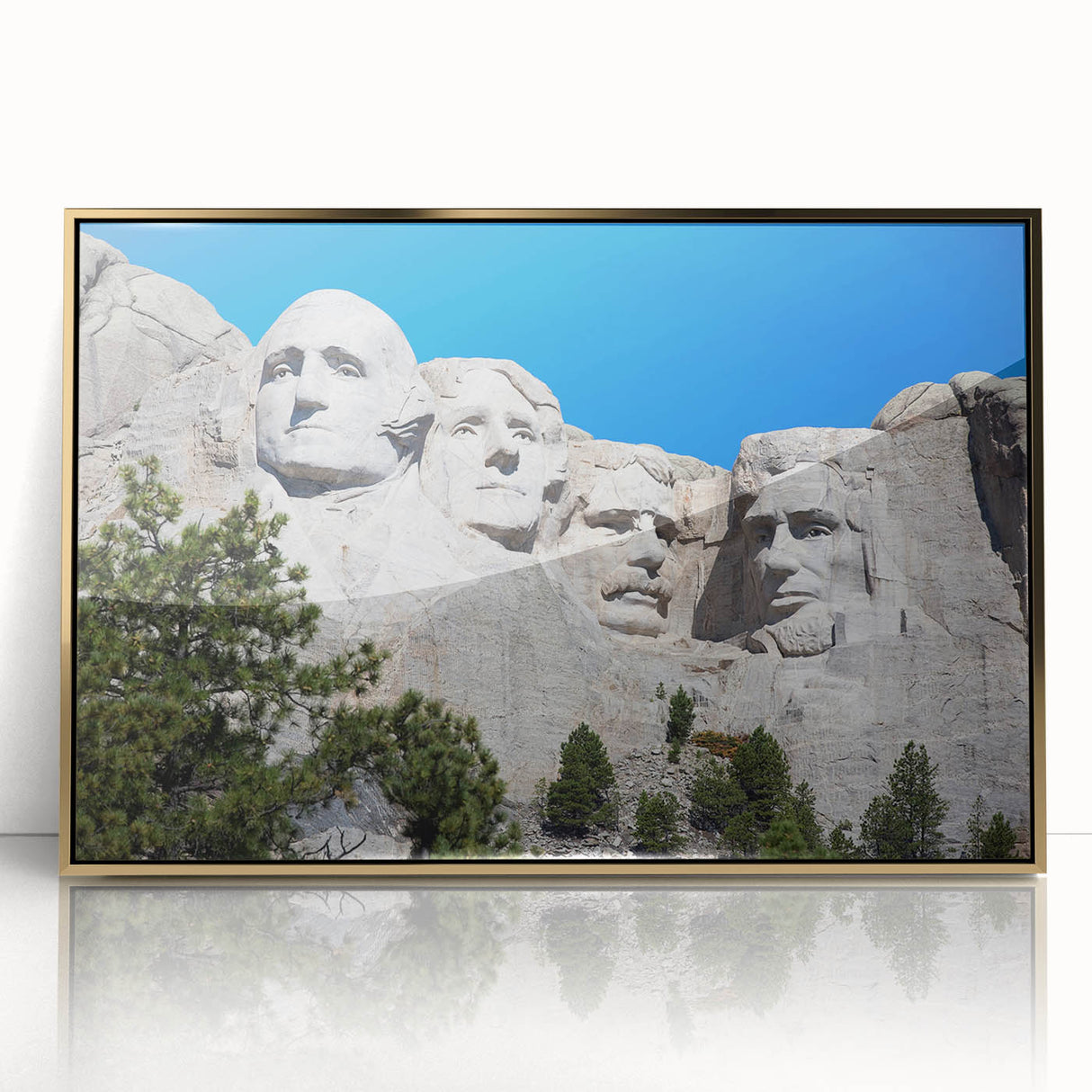 Acrylic print of Mt. Rushmore in gold frame, featuring muted earth tones, ideal for modern art wall decor.