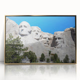 Acrylic print of Mt. Rushmore in gold frame, featuring muted earth tones, ideal for modern art wall decor.