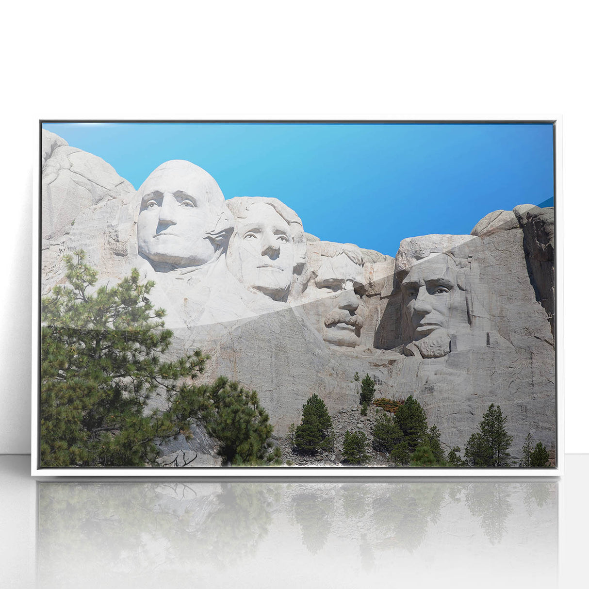 Framed acrylic print of Mt. Rushmore in muted earth tones, ideal for modern art wall decor.