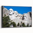 Black and white wall art of Mt. Rushmore on a framed canvas, ideal for bedroom landscape decor.
