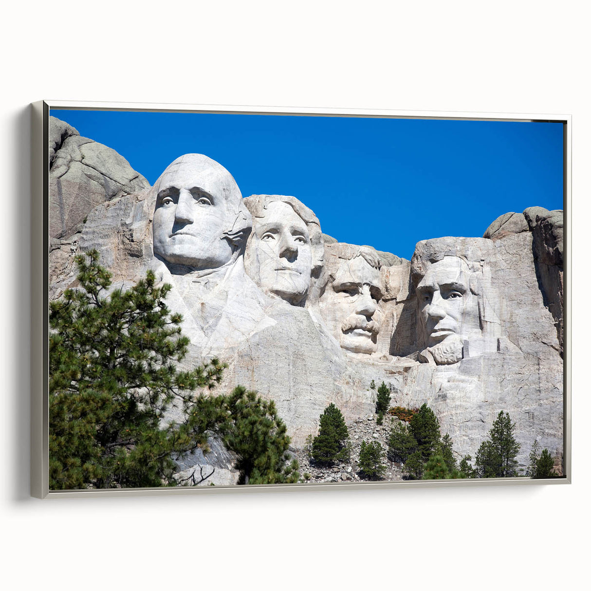 Framed canvas of Mt. Rushmore landscape art with muted earth tones, ideal for office decor.