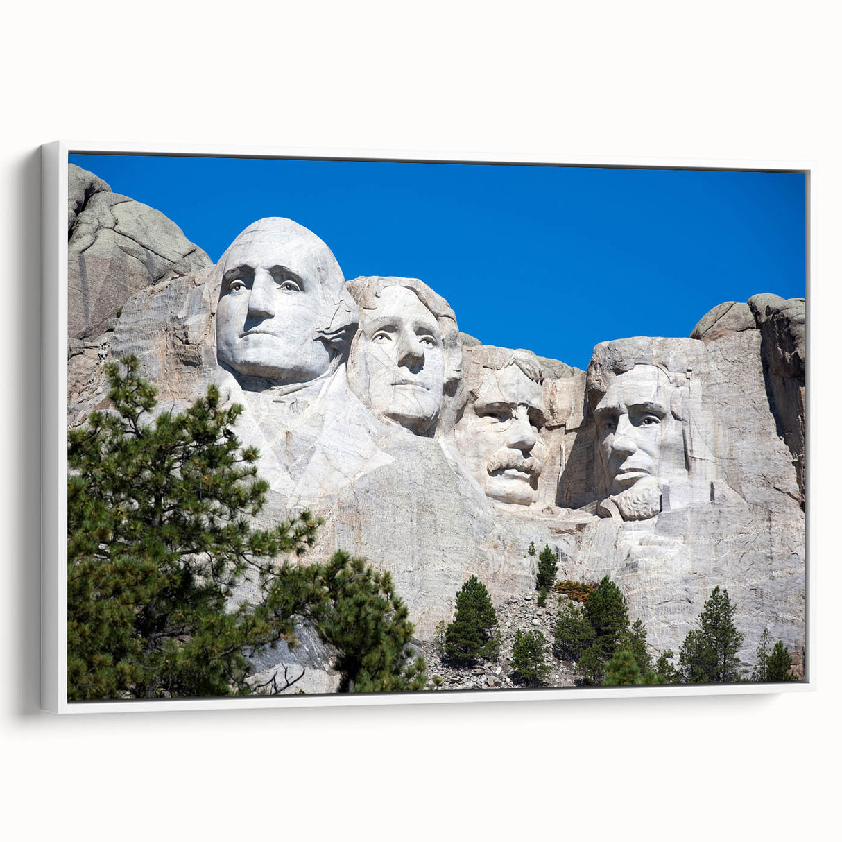 Vintage poster art of Mt. Rushmore on a framed canvas, with a side view in black and white, ideal for living room decor.