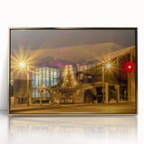 Mid-century modernist Memphis skyline in muted gold and gray tones on a framed acrylic, suitable for modern art wall decor.