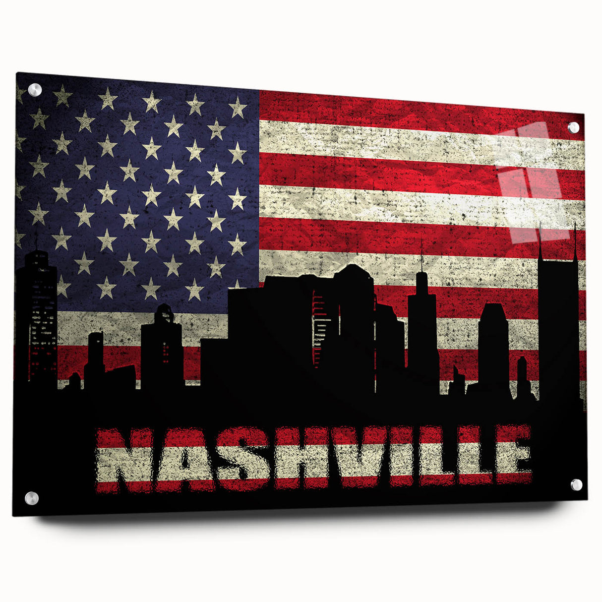 Acrylic print of Nashville skyline in muted gray and blue tones, suitable for dining room decor.