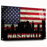 Acrylic print of Nashville skyline in muted gray and blue tones, suitable for dining room decor.