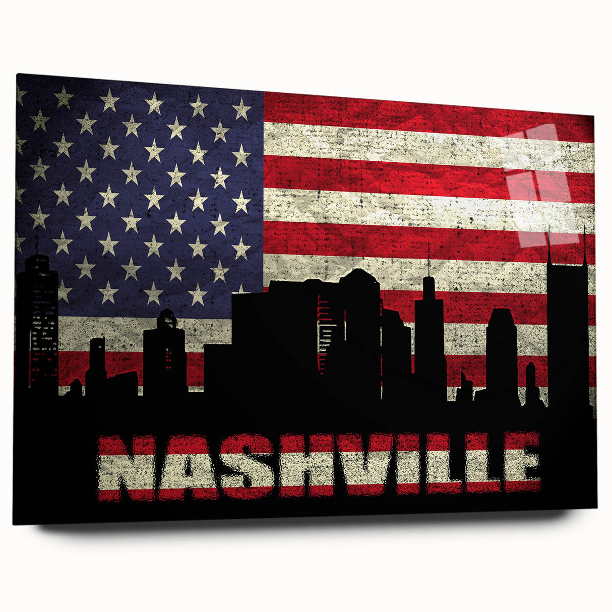 Acrylic print of abstract Nashville skyline in muted blue and gray tones, ideal for bedroom or dining room decor.