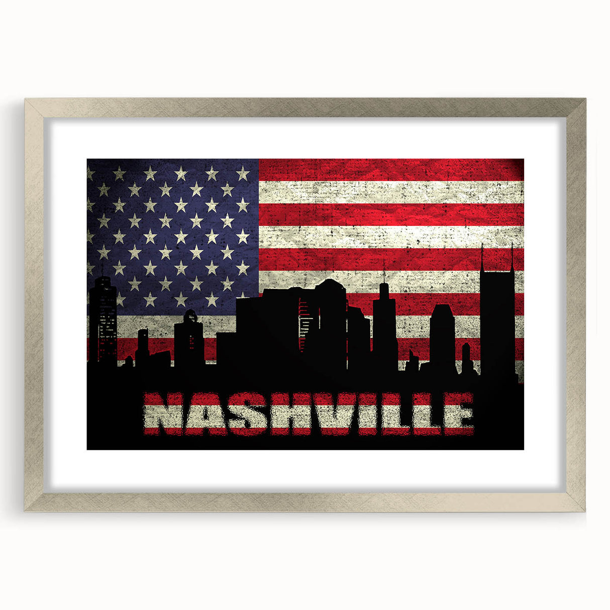 Textured abstract art print of Nashville skyline in muted gray tones on a framed canvas, suitable for bedroom decor.