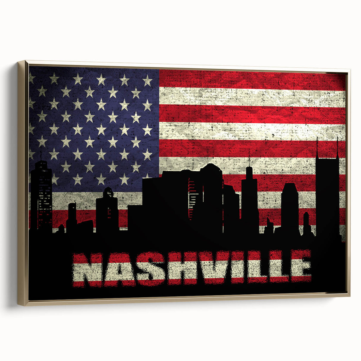 Framed canvas featuring a vintage-style landscape painting of Nashville with muted gold and black tones.