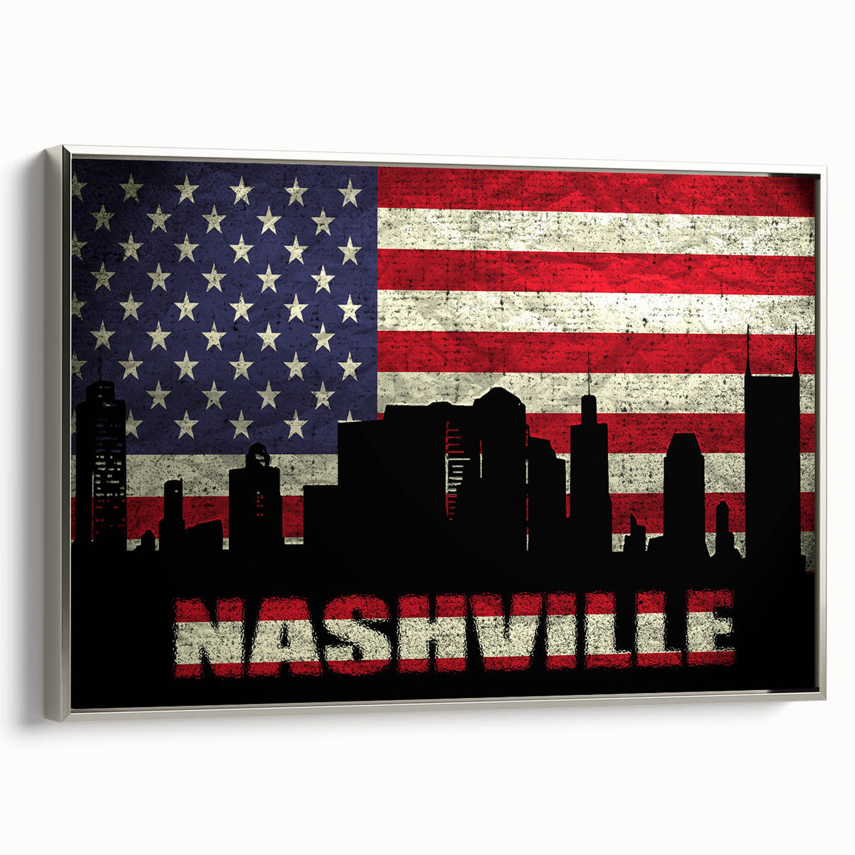 Framed canvas of Nashville landscape with colorful art in a vintage poster style, ideal for living room decor.