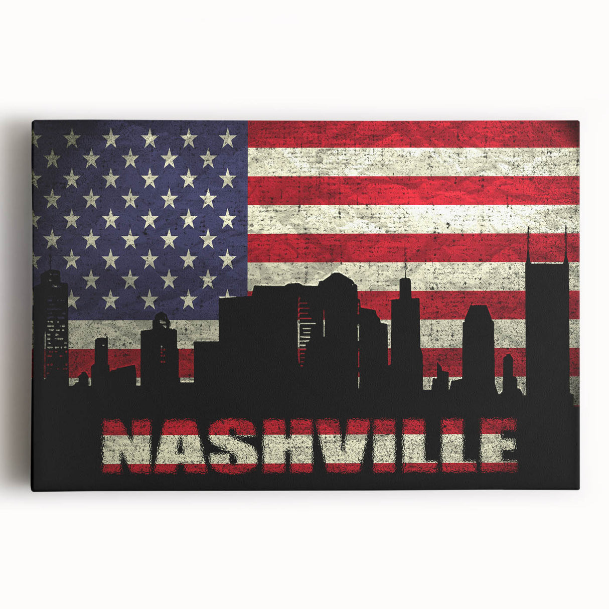 Black and white photograph of Nashville skyline on stretched canvas, suitable for kitchen wall art.